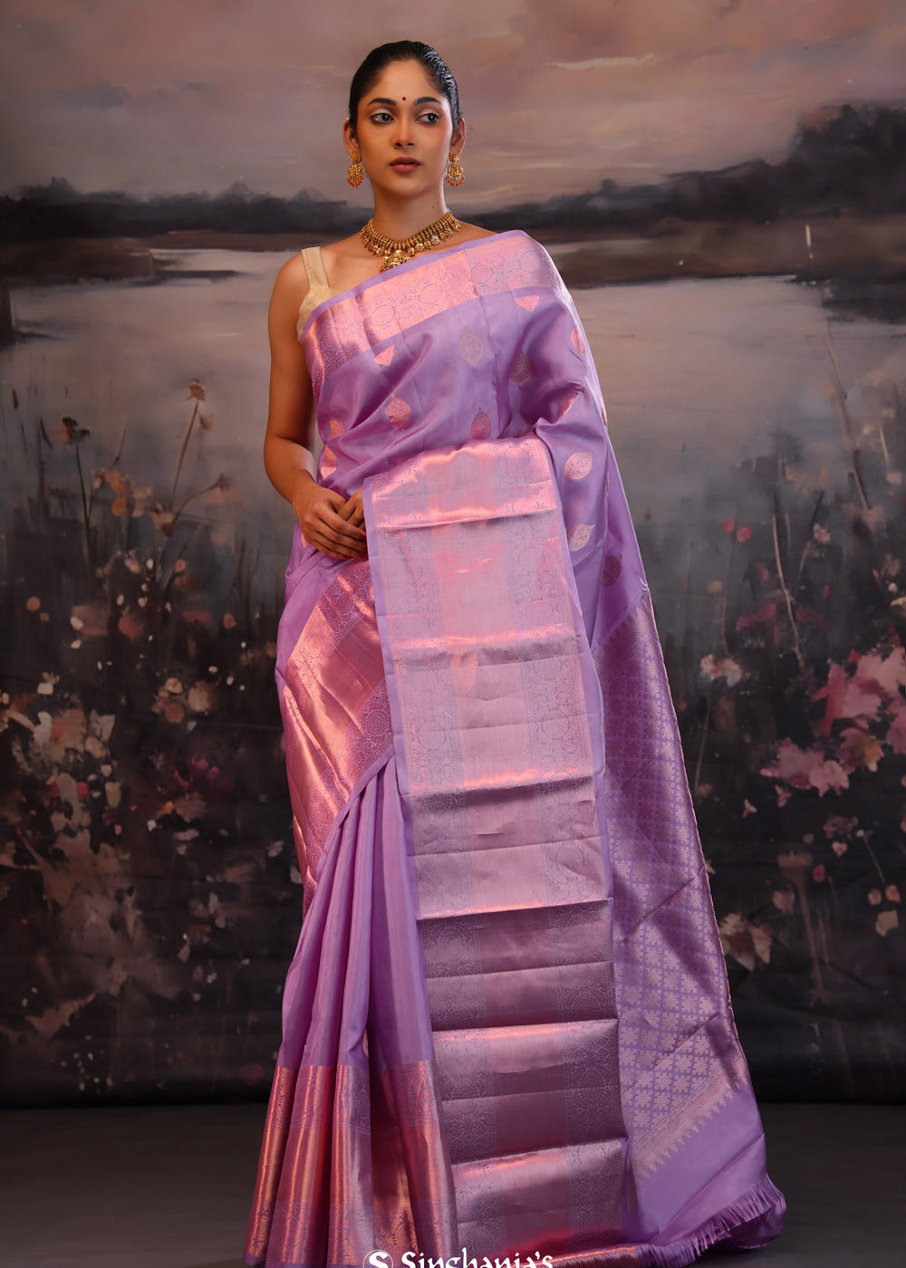 Heather Purple Butti Kanjivaram Silk Saree