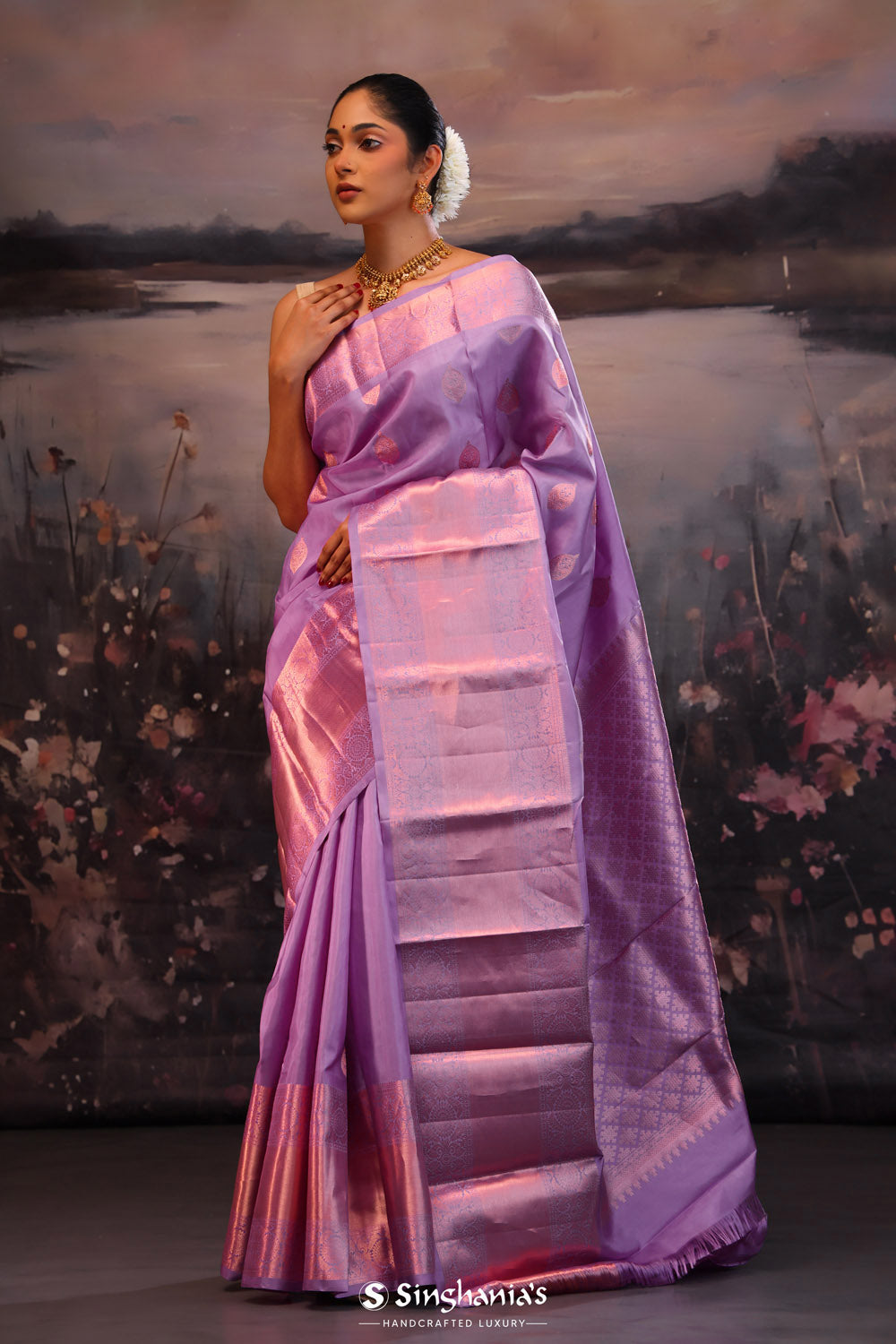Heather Purple Butti Kanjivaram Silk Saree