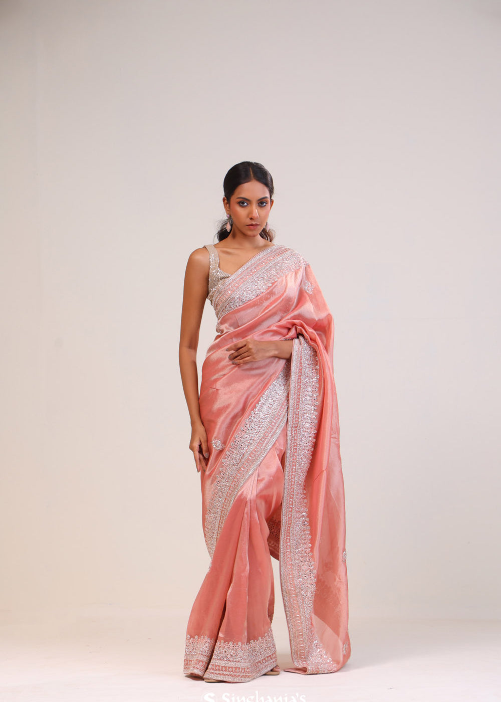 Pastel Peach Tissue Handcrafted Saree