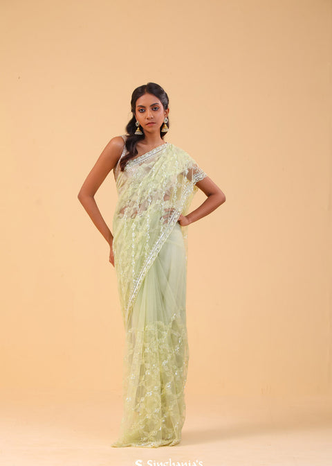  <img> Yellow Green Net Handcrafted Saree