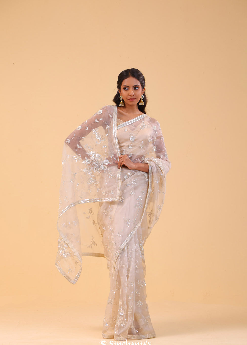 Pinkish White Tissue Handcrafted Saree