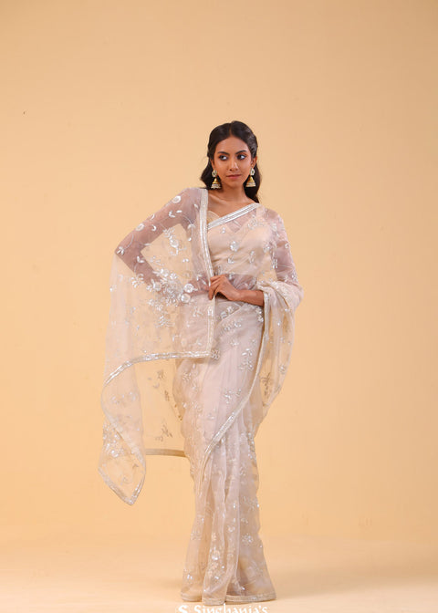 <img> Pinkish White Tissue Handcrafted Saree