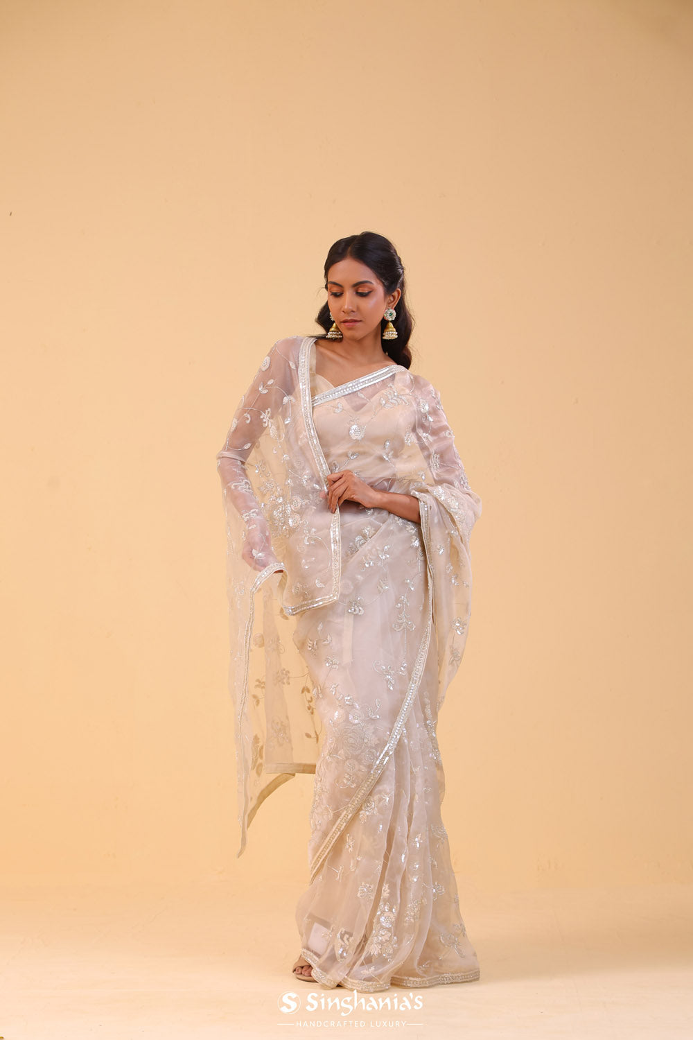 Pinkish White Tissue Handcrafted Saree