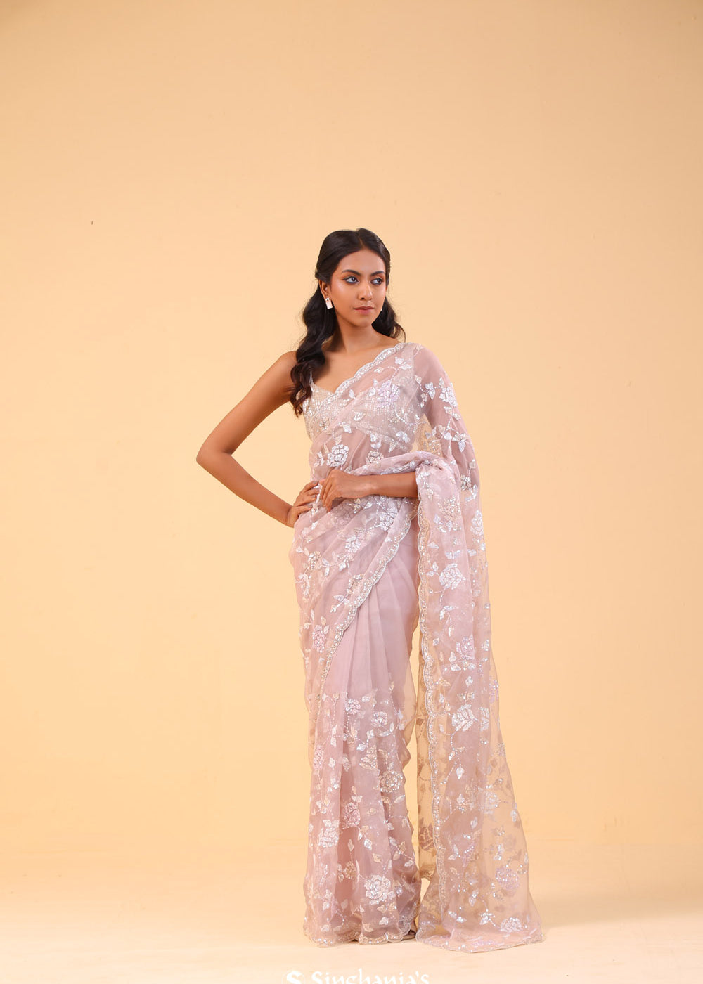 Soft Pink Organza Handcrafted Saree