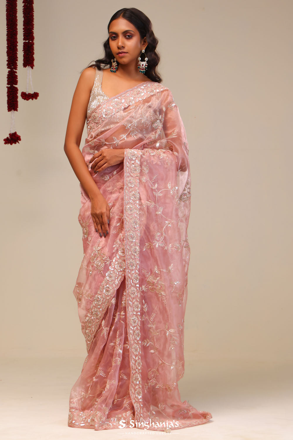 Pastel Pink Organza Handcrafted Saree