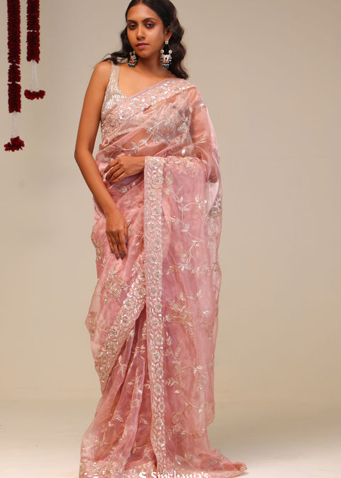 <img> Pastel Pink Organza Handcrafted Saree