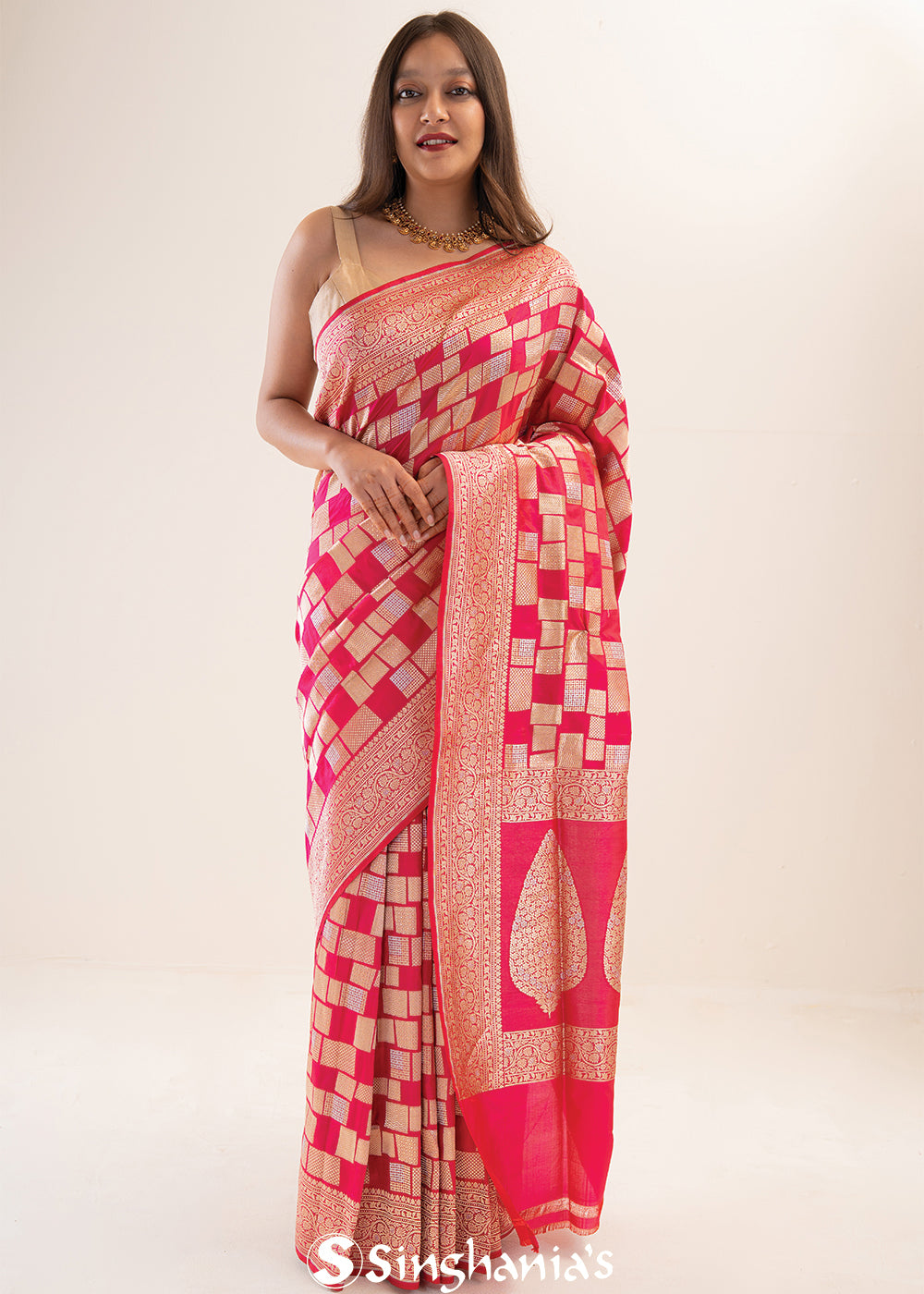 French Pink Banarasi Silk Saree With Geometric Pattern