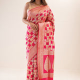 French Pink Banarasi Silk Saree With Geometric Pattern