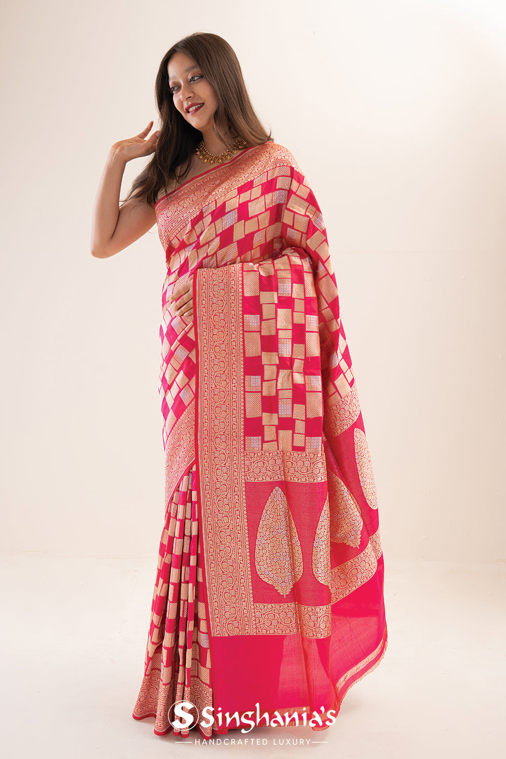 French Pink Banarasi Silk Saree With Geometric Pattern