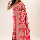 French Pink Banarasi Silk Saree With Geometric Pattern