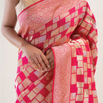 French Pink Banarasi Silk Saree With Geometric Pattern