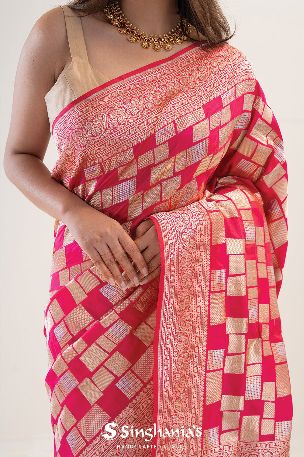 French Pink Banarasi Silk Saree With Geometric Pattern