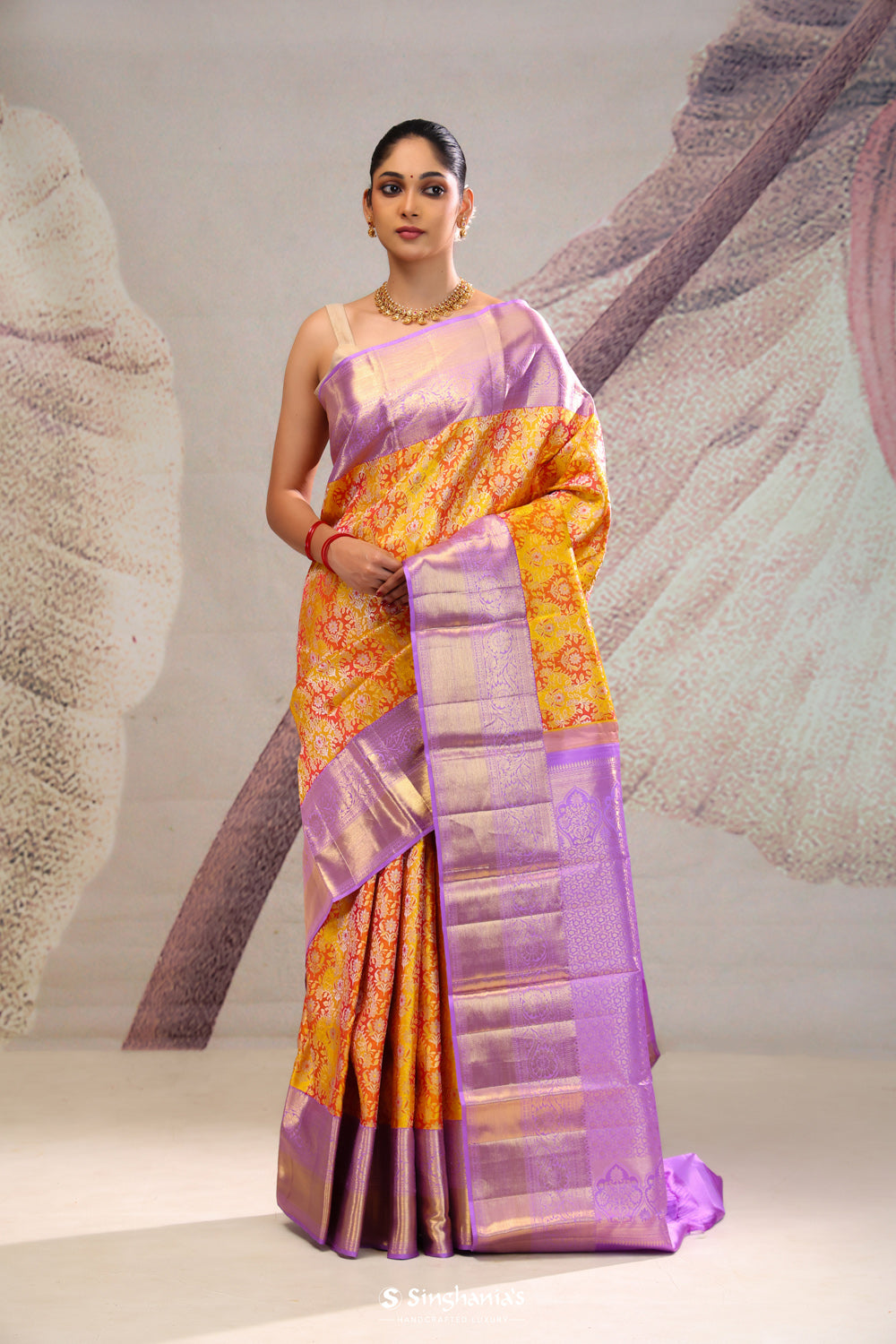 Gold Orange Jaal Kanjivaram Silk Saree