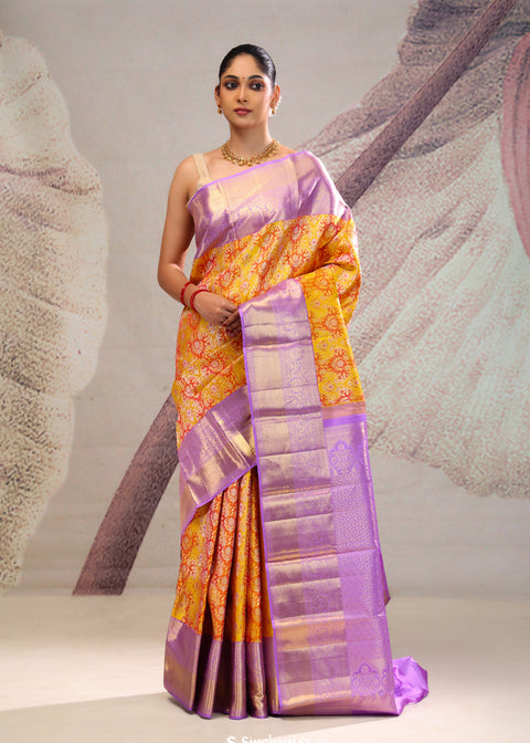 <img> Gold Orange Jaal Kanjivaram Silk Saree