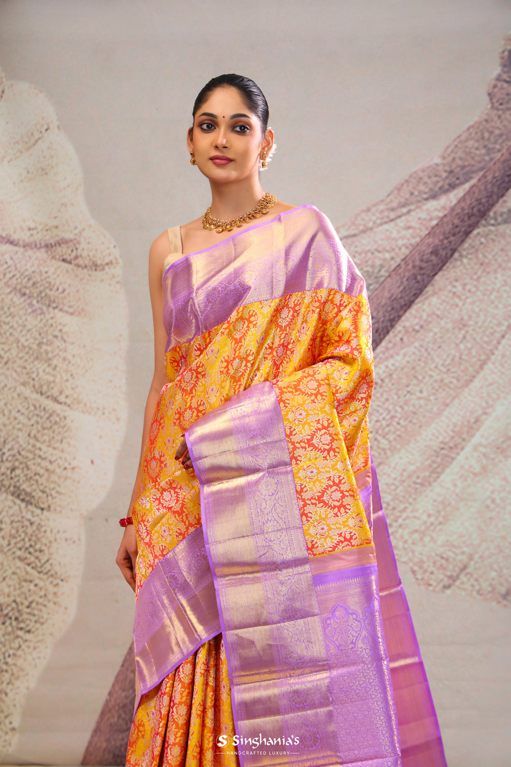 Gold Orange Jaal Kanjivaram Silk Saree