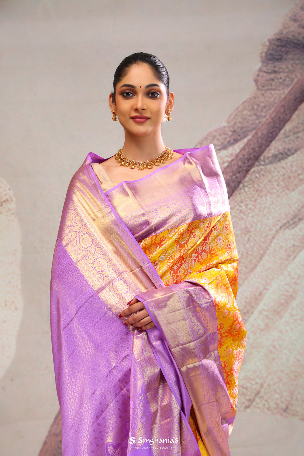 Gold Orange Jaal Kanjivaram Silk Saree