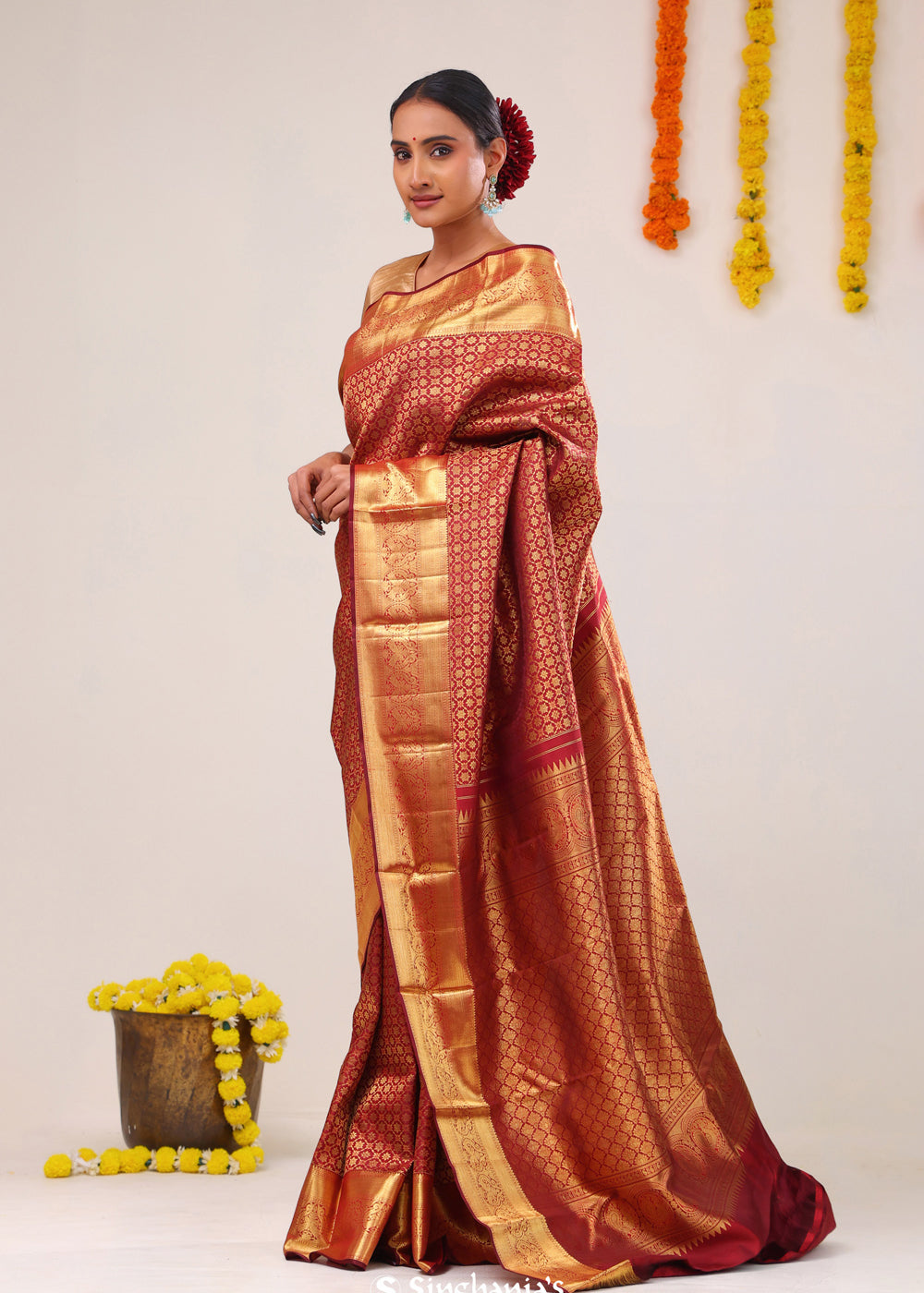 Deep Red Floral Jaal Kanjivaram Silk Saree