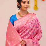 Flamingo Pink Peaocok Banarasi Silk Saree