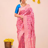 Flamingo Pink Peaocok Banarasi Silk Saree