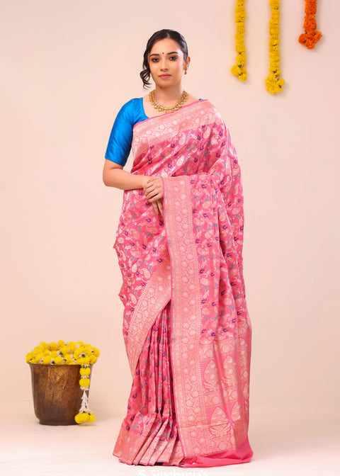<img> Flamingo Pink Peaocok Banarasi Silk Saree