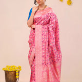 Flamingo Pink Peaocok Banarasi Silk Saree