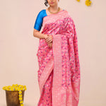 Flamingo Pink Peaocok Banarasi Silk Saree