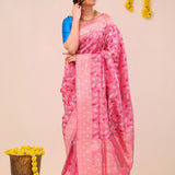 Flamingo Pink Peaocok Banarasi Silk Saree