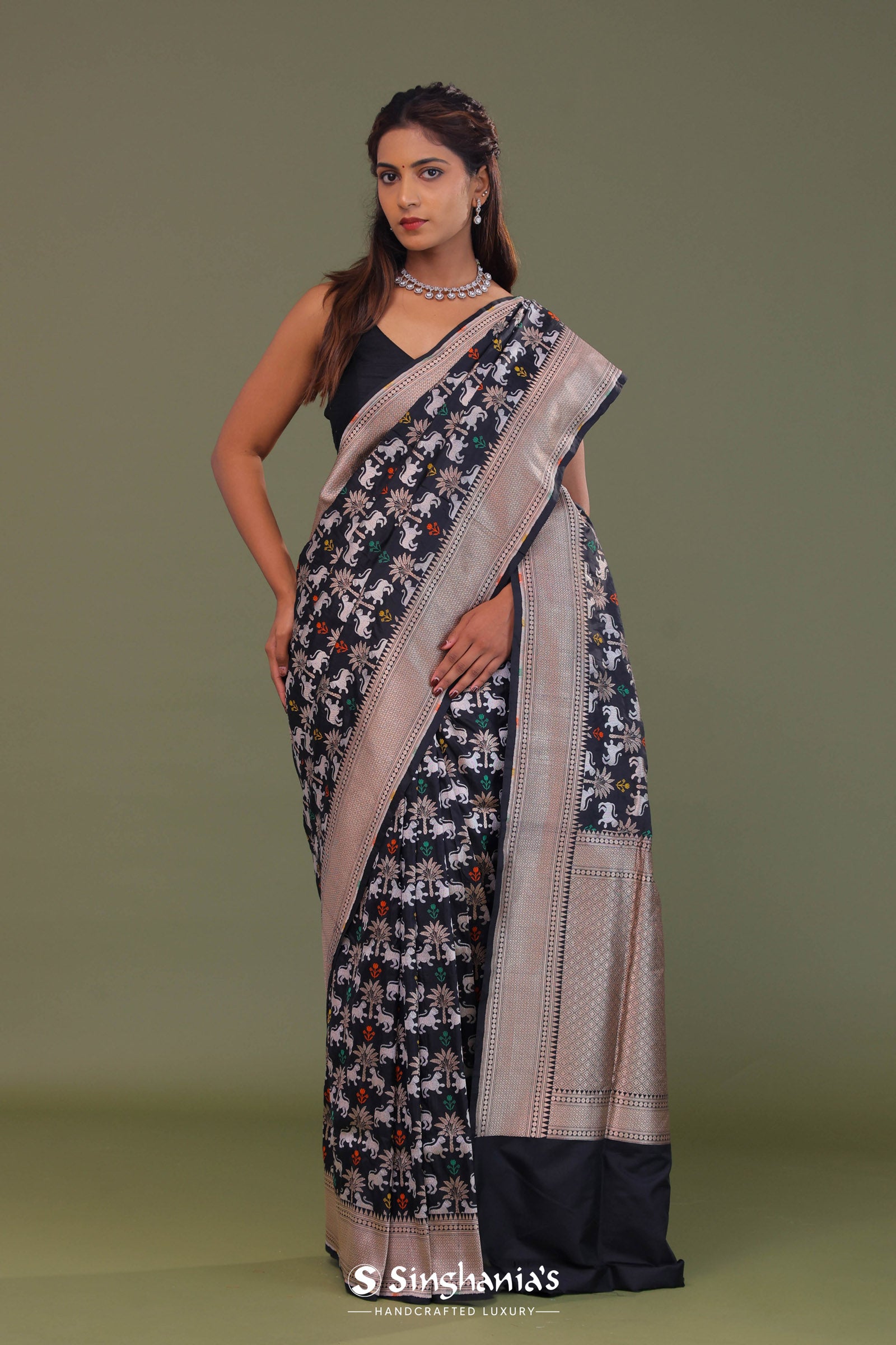 Black Banarasi Saree With Shikargah Design