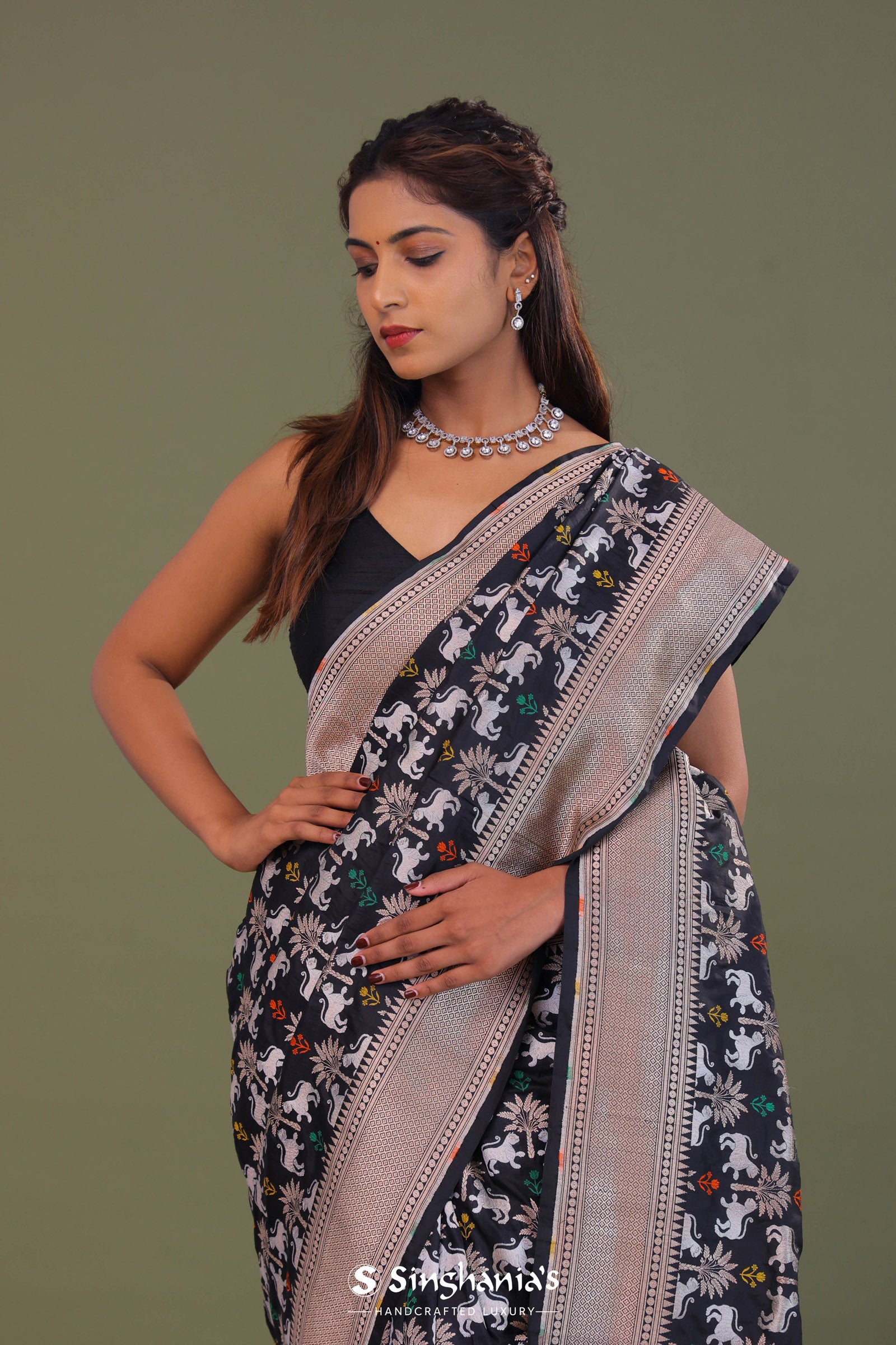 Black Banarasi Saree With Shikargah Design