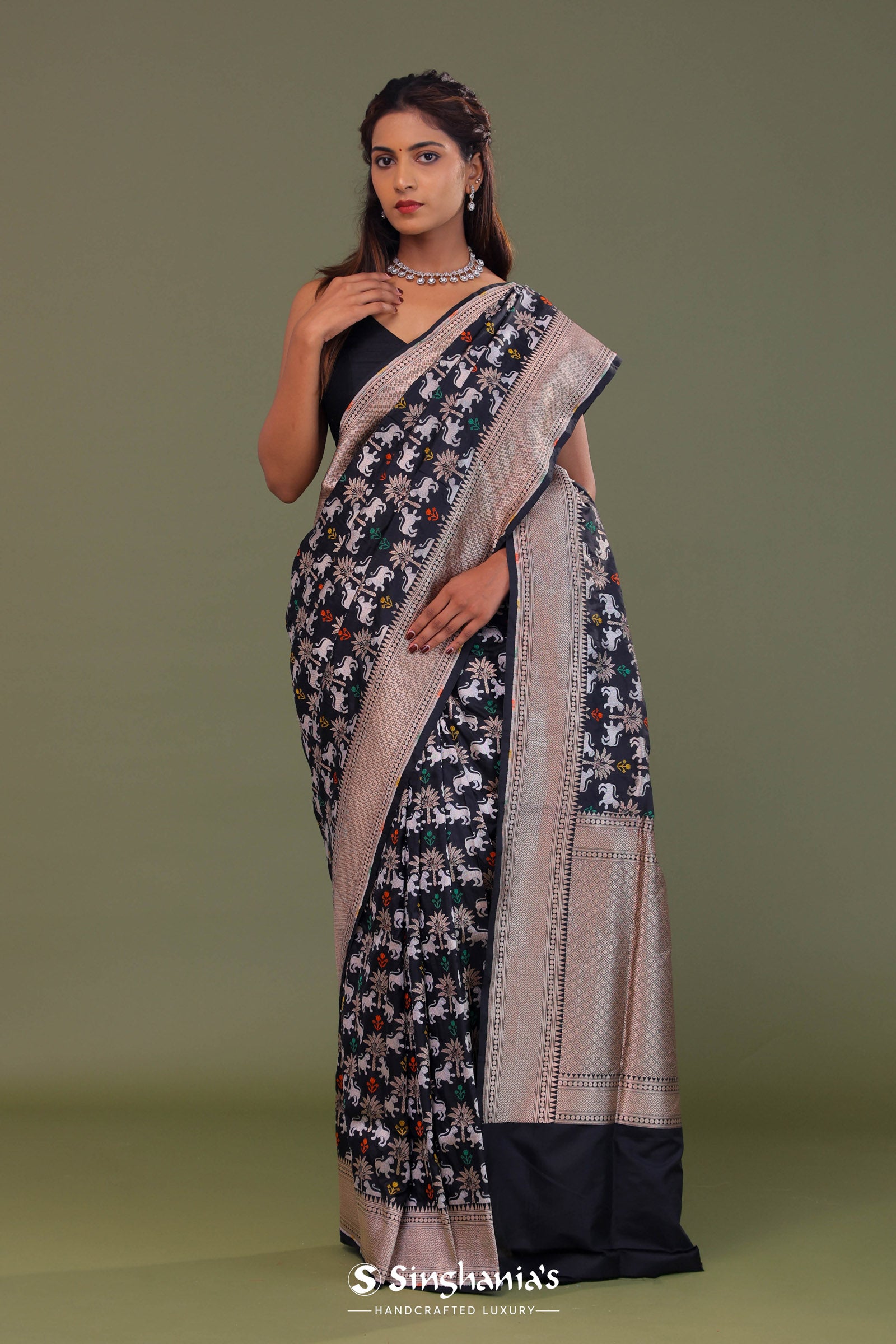 Black Banarasi Saree With Shikargah Design