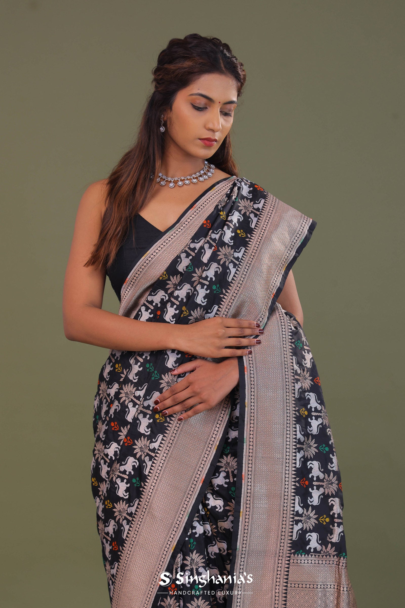 Black Banarasi Saree With Shikargah Design