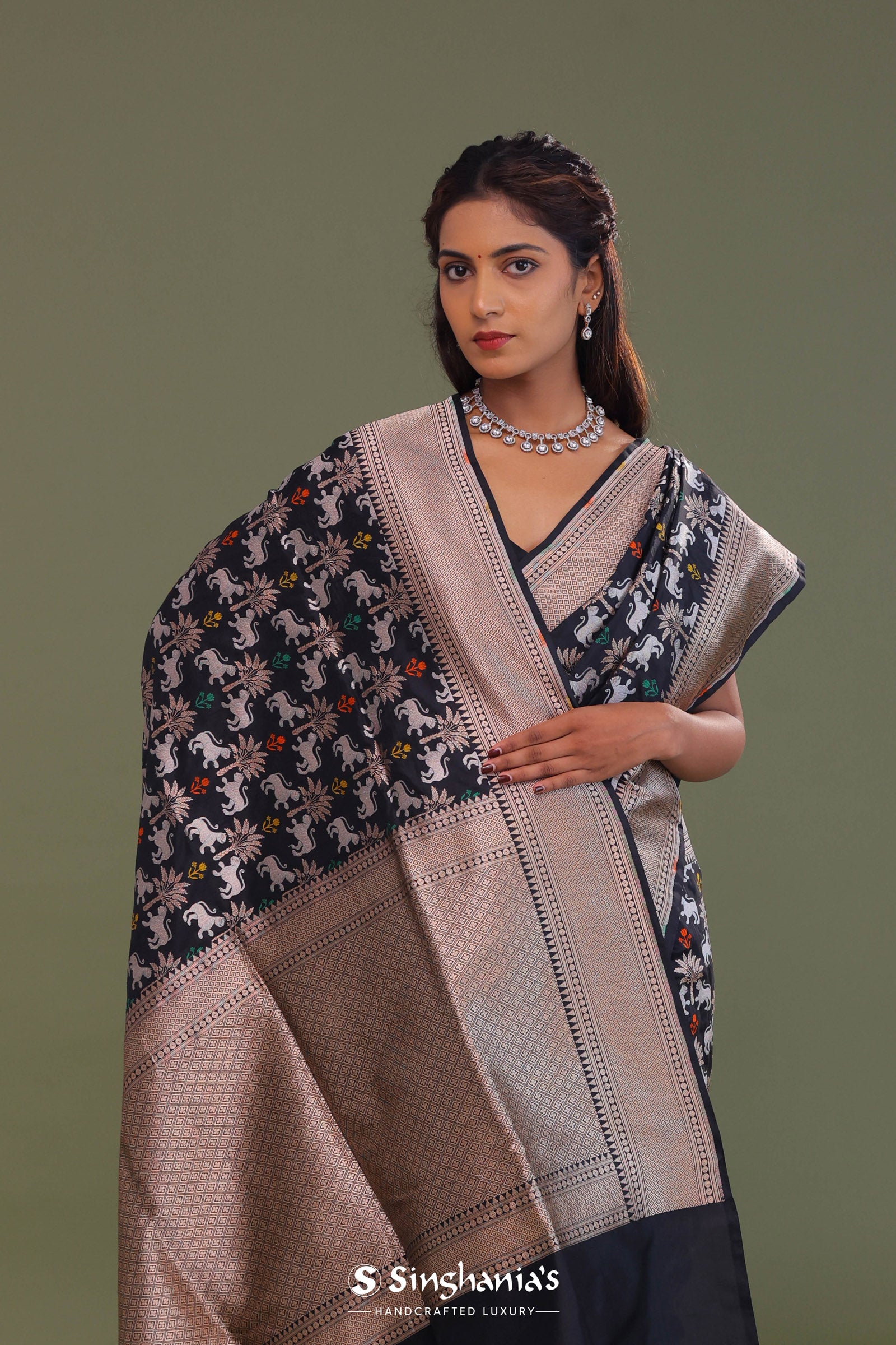Black Banarasi Saree With Shikargah Design