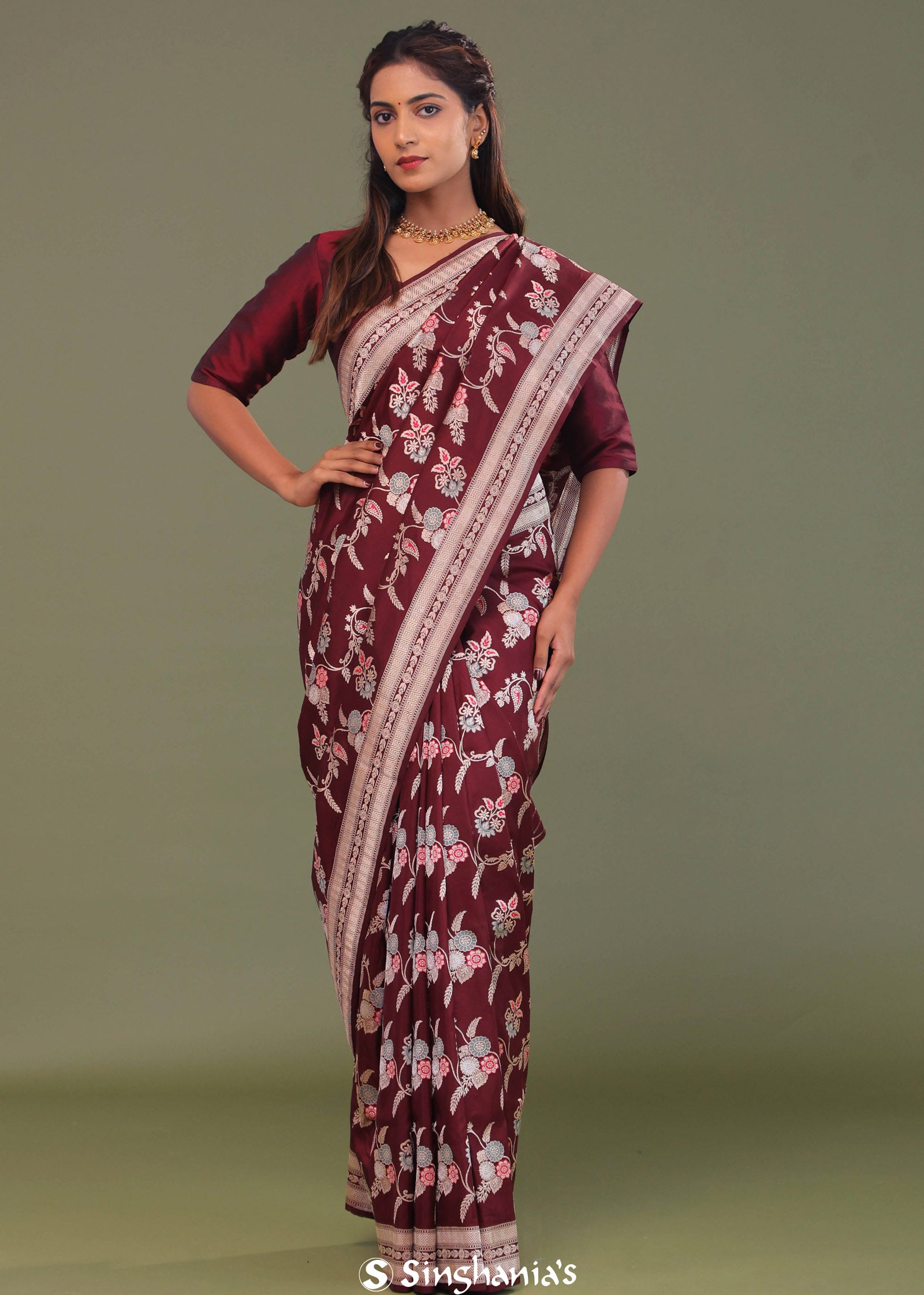 Maroon Banarasi Saree With Meenakari Design