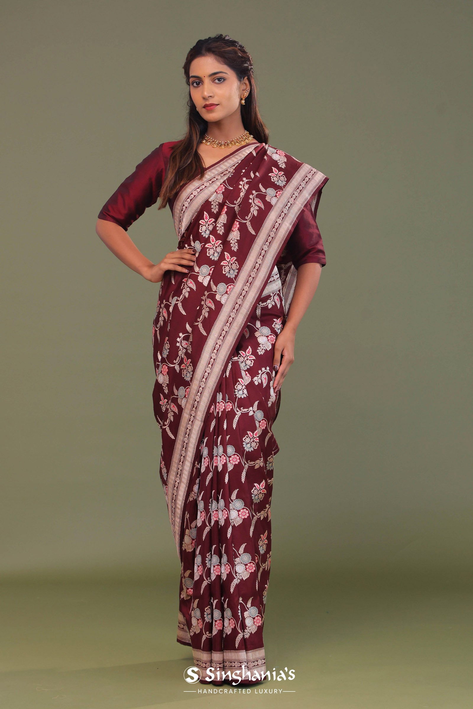 Maroon Banarasi Saree With Meenakari Design