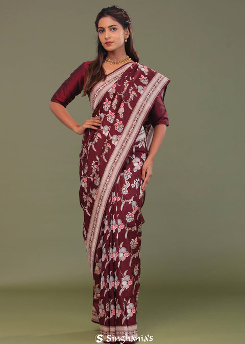 <img> Maroon Banarasi Saree With Meenakari Design