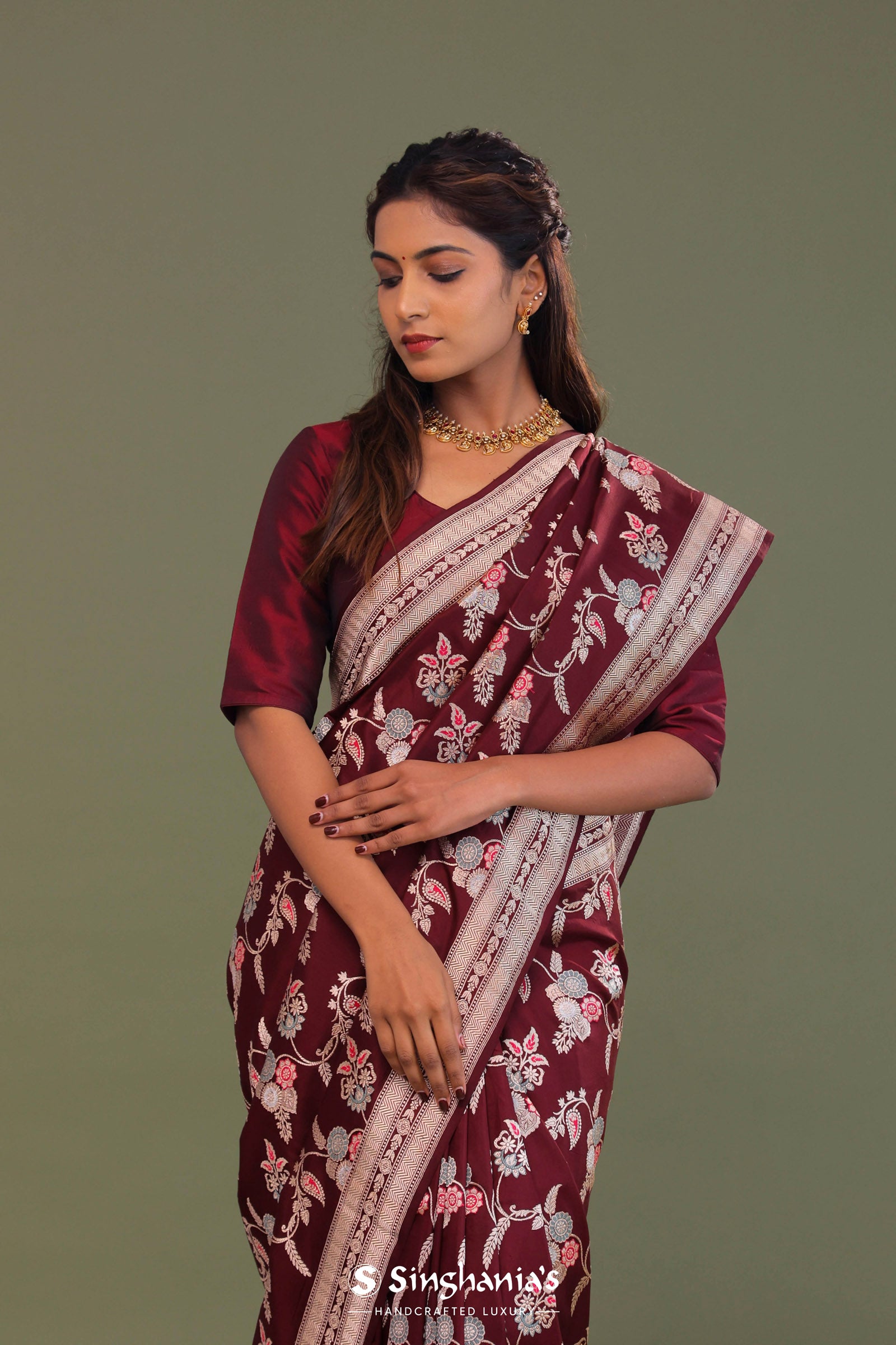 Maroon Banarasi Saree With Meenakari Design