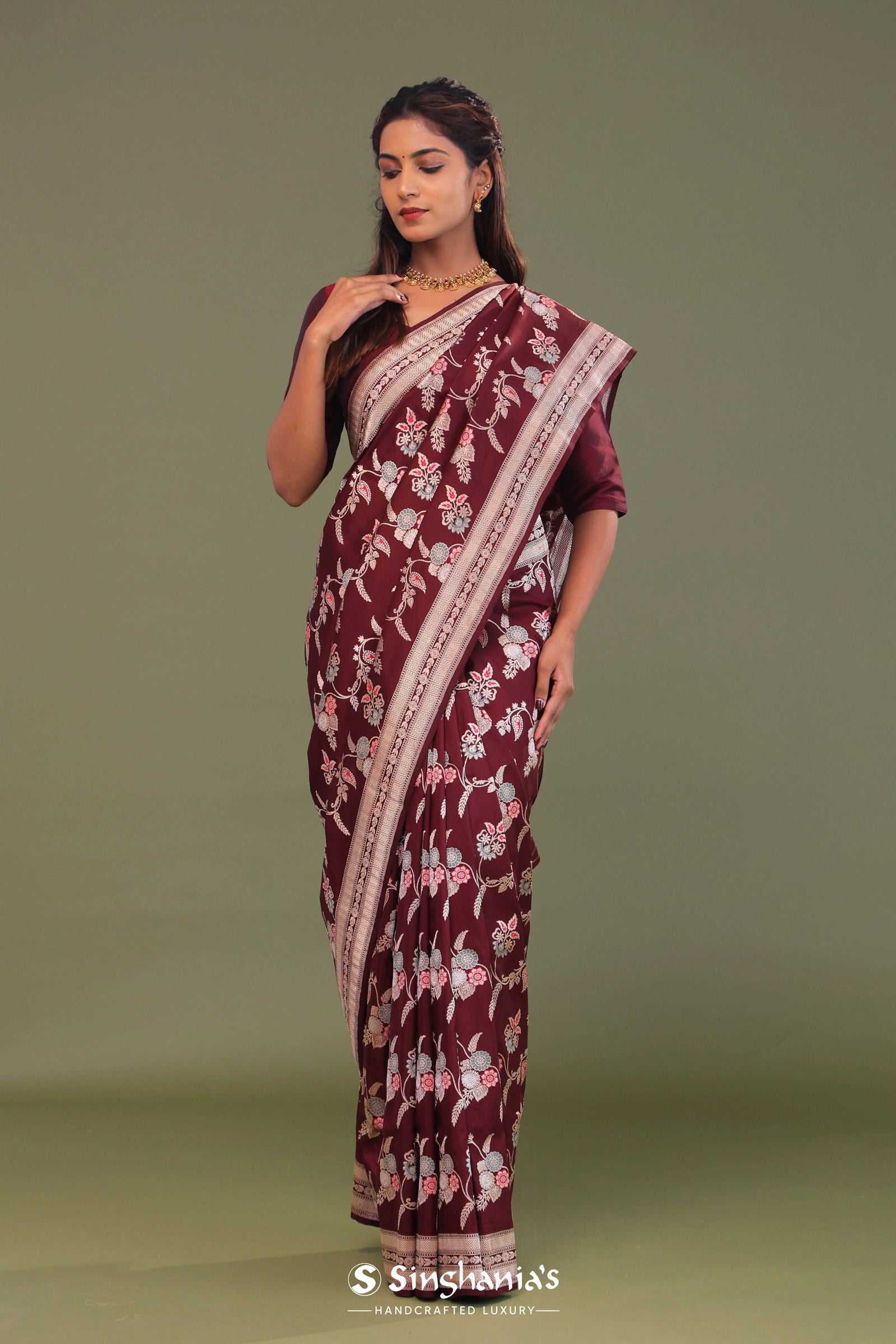 Maroon Banarasi Saree With Meenakari Design