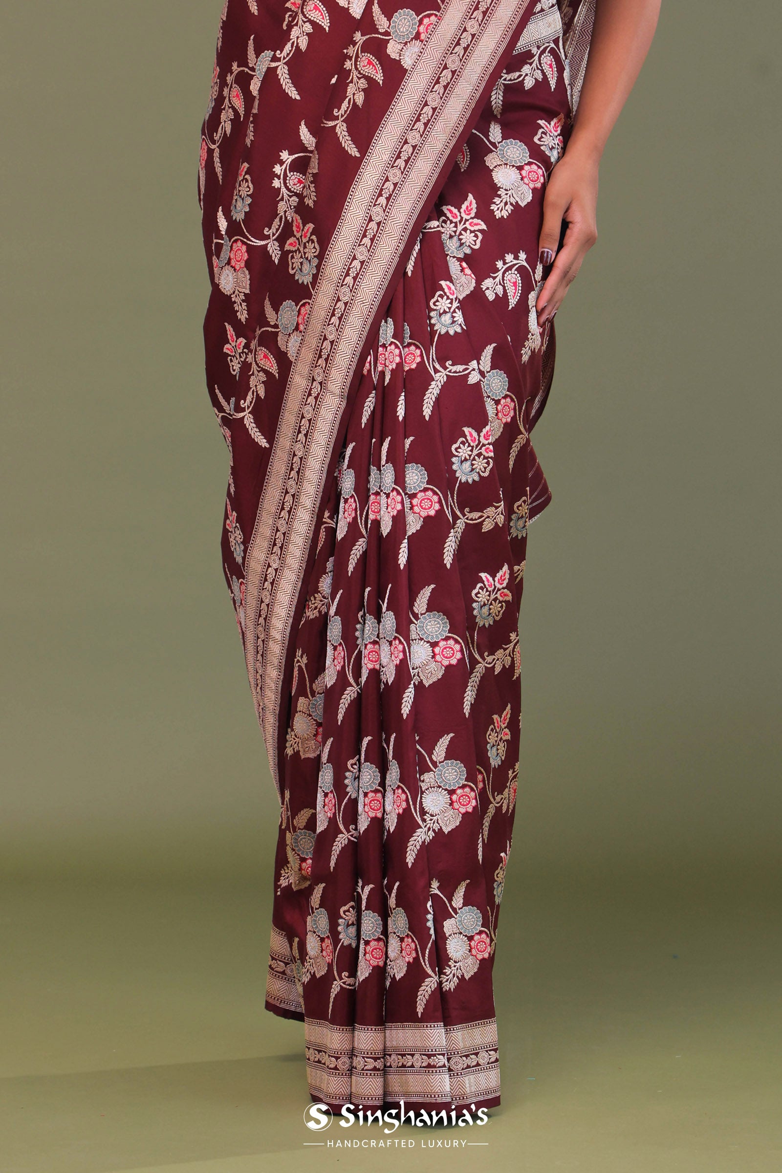 Maroon Banarasi Saree With Meenakari Design