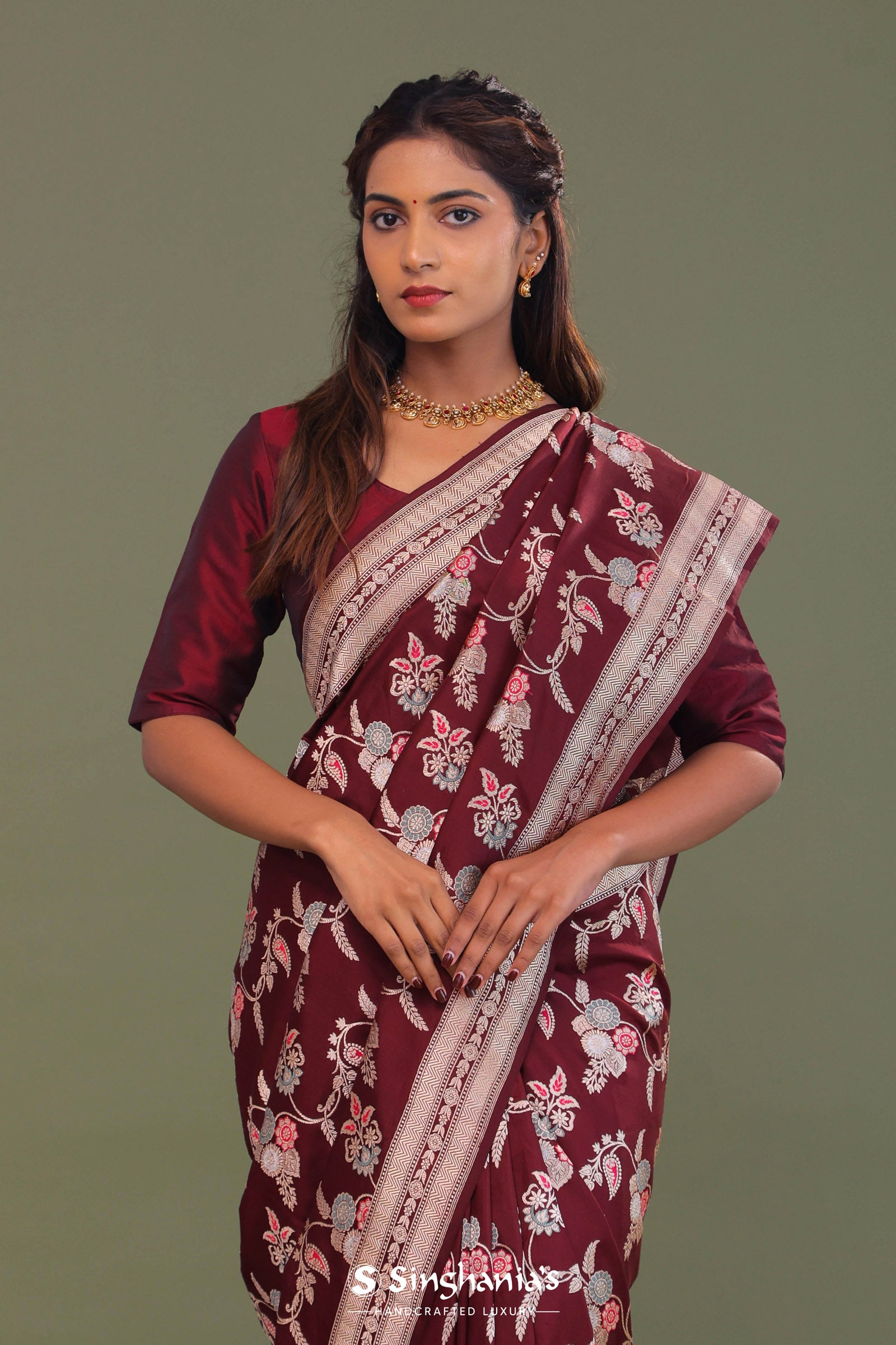 Maroon Banarasi Saree With Meenakari Design