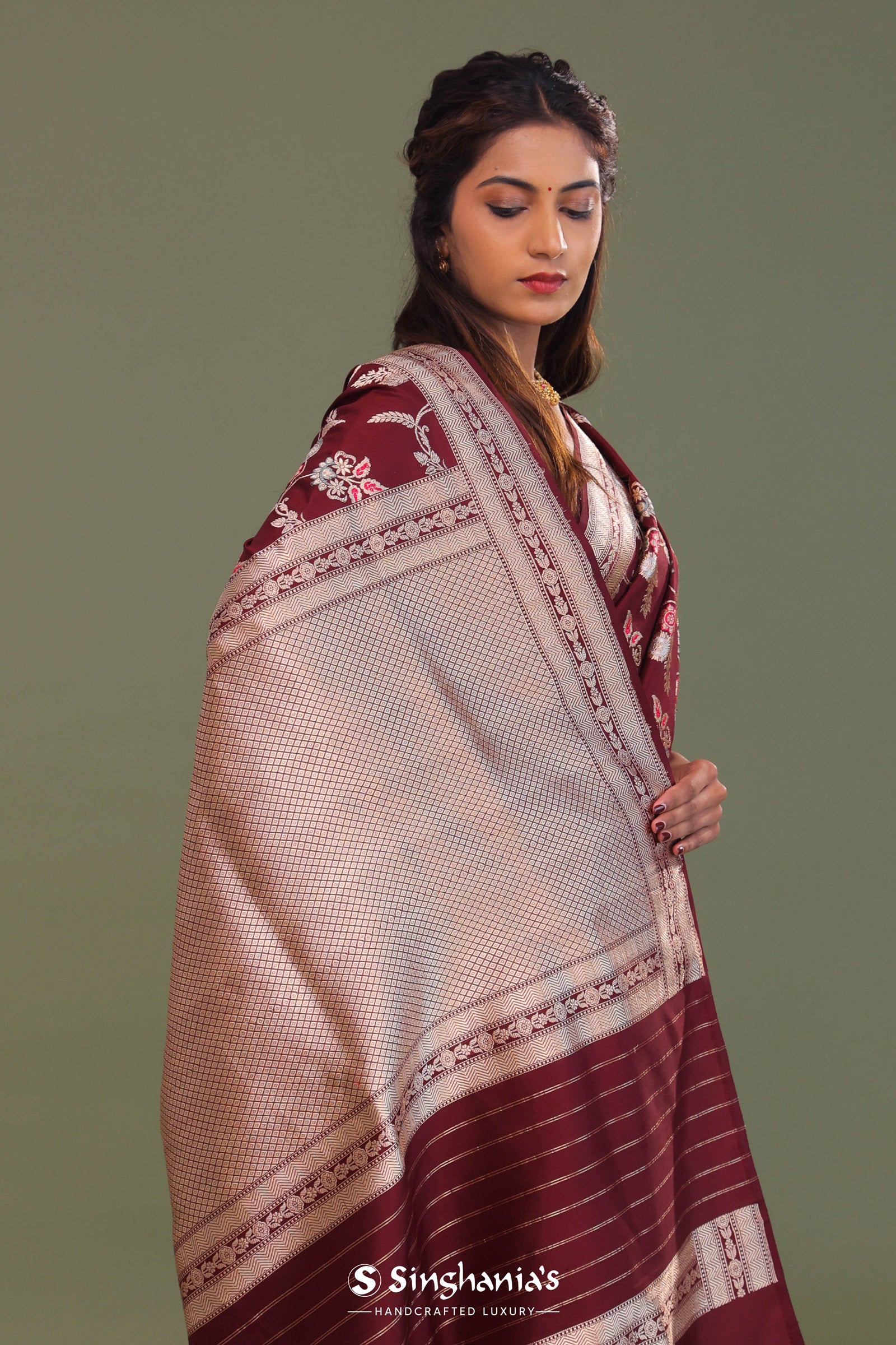 Maroon Banarasi Saree With Meenakari Design