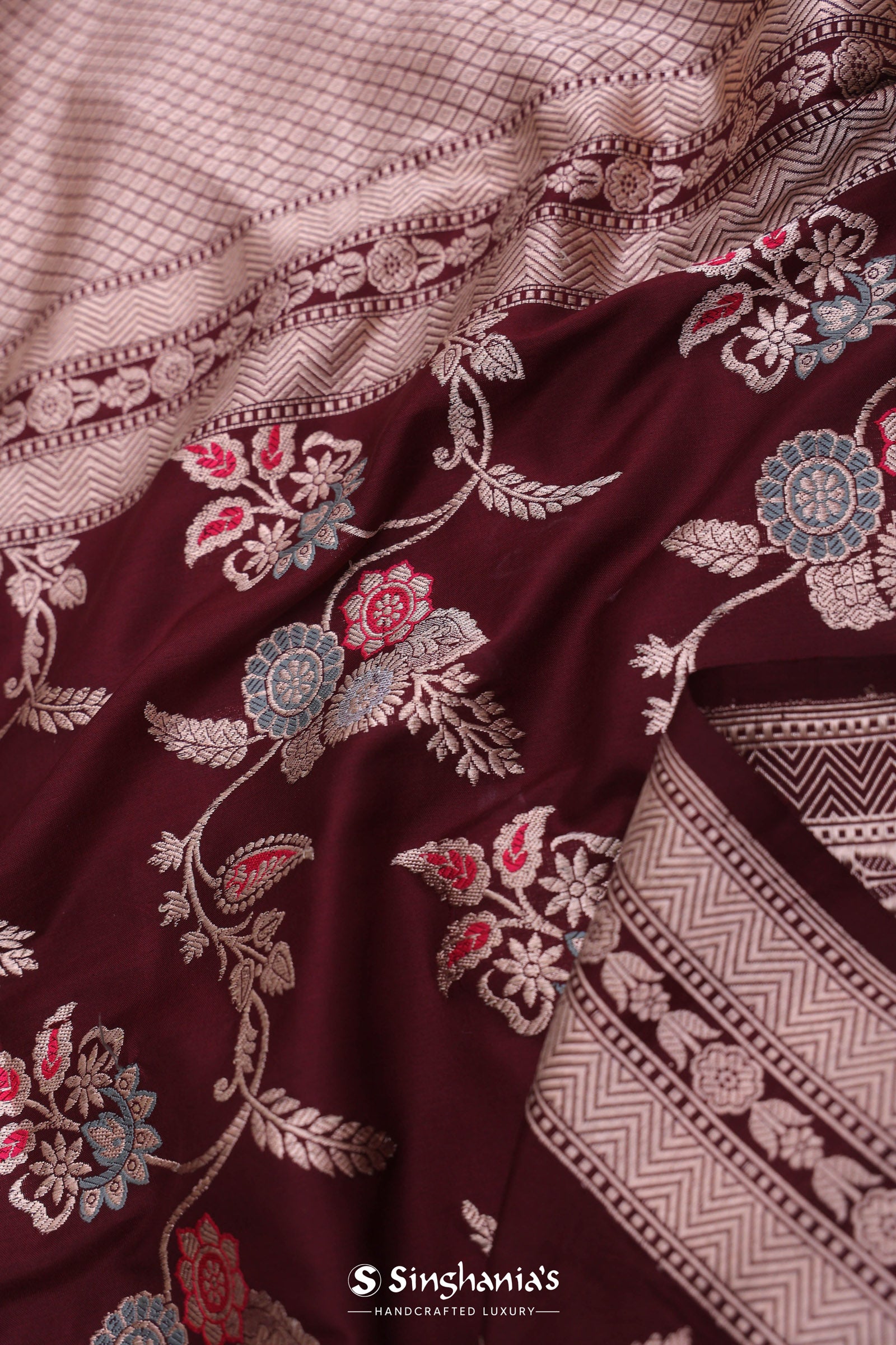 Maroon Banarasi Saree With Meenakari Design