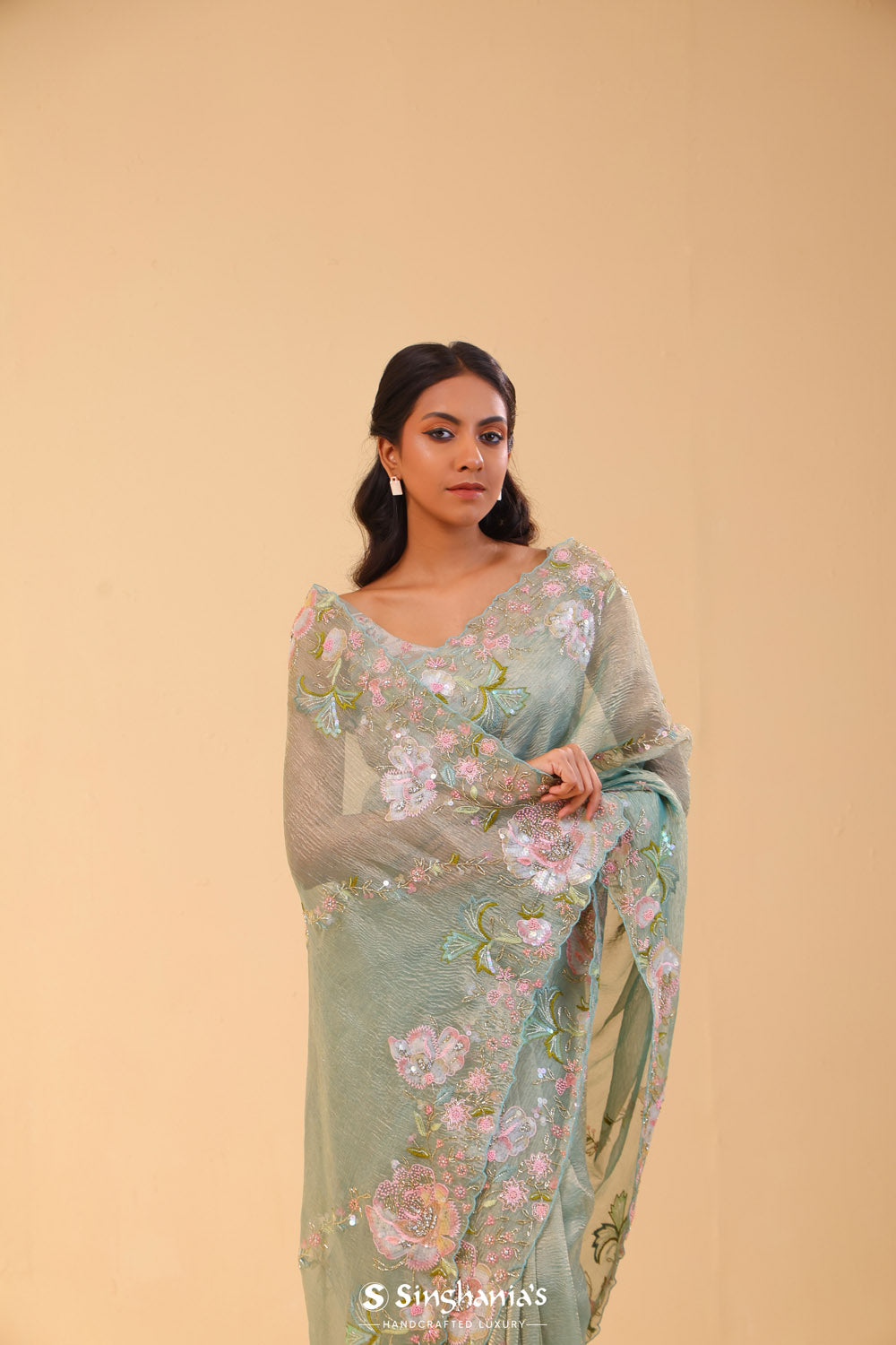 Tiffany Blue Crushed Tissue Handcrafted Saree