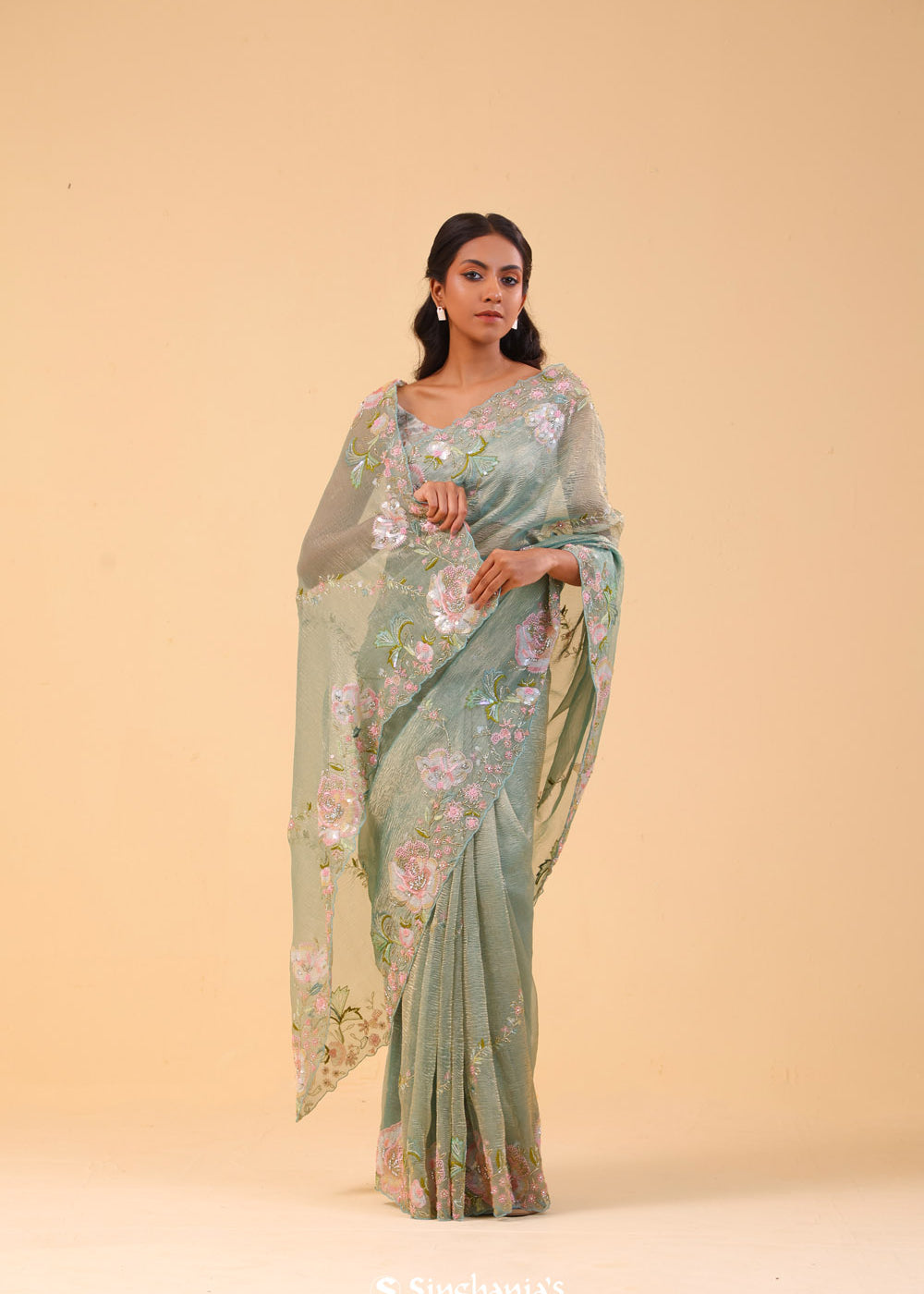 Tiffany Blue Crushed Tissue Handcrafted Saree