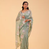 Tiffany Blue Crushed Tissue Handcrafted Saree