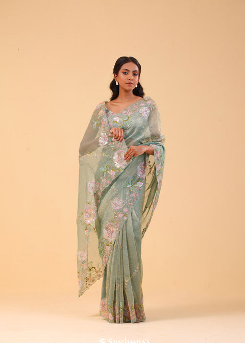  <img> Tiffany Blue Crushed Tissue Handcrafted Saree