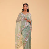 Tiffany Blue Crushed Tissue Handcrafted Saree