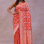 Vibrate Orange Baranasi Silk Saree With Gold Zari Border