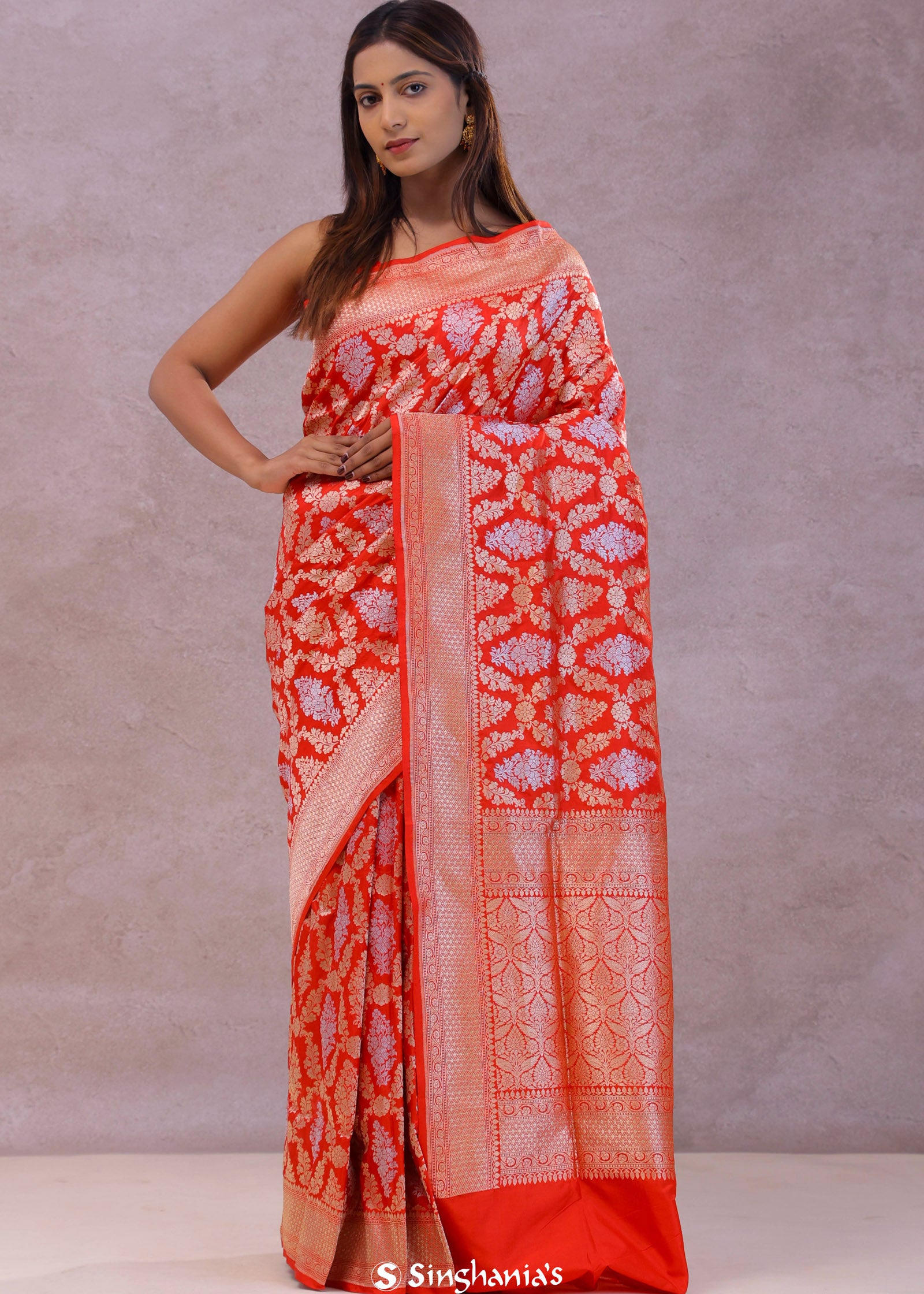 Vibrate Orange Baranasi Silk Saree With Gold Zari Border