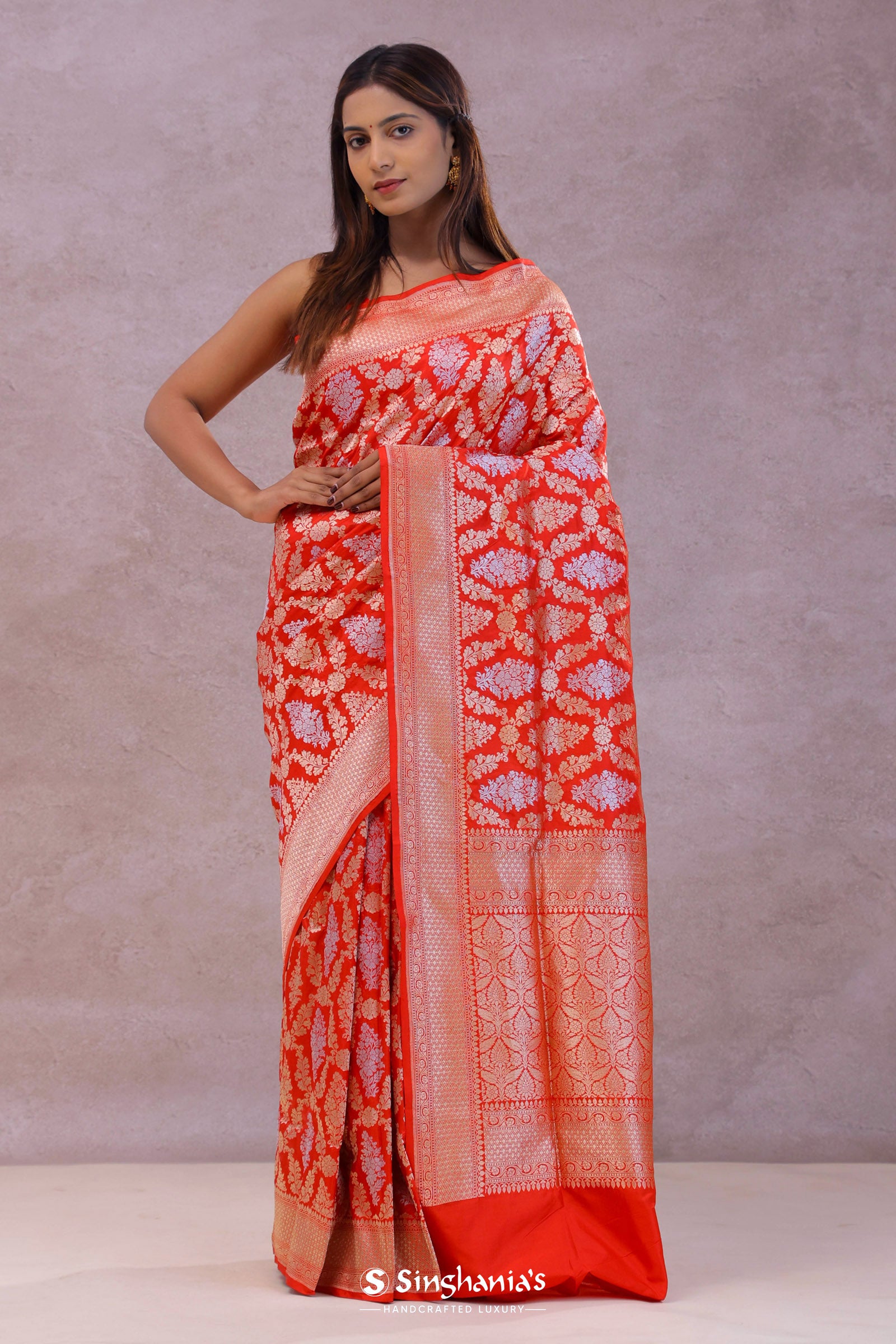 Vibrate Orange Baranasi Silk Saree With Gold Zari Border