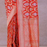 Vibrate Orange Baranasi Silk Saree With Gold Zari Border